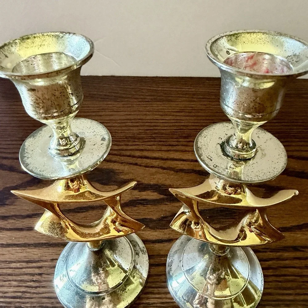 Vintage Karshi Hanukkah Candlesticks Shabbat David Star 24K Gold Plated Set Of 2